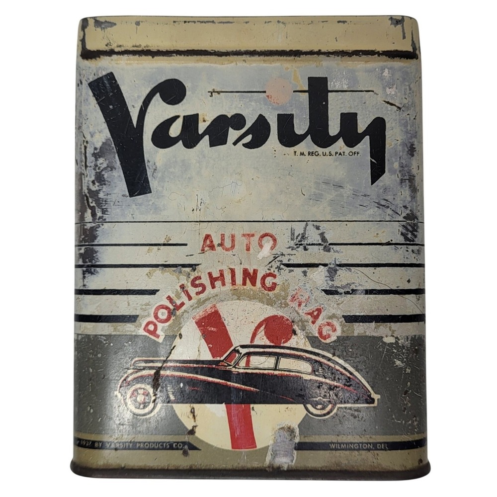 Vintage 1937 Varsity Auto Polishing Rag Tin Wilmington Delaware Art Deco Car